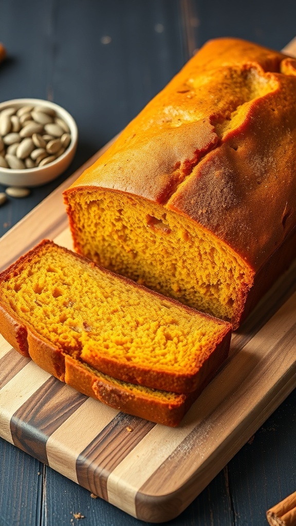Easy Pumpkin Bread from Box Cake Mix Sliced pumpkin bread on a wooden board, garnished with cinnamon and pumpkin seeds.